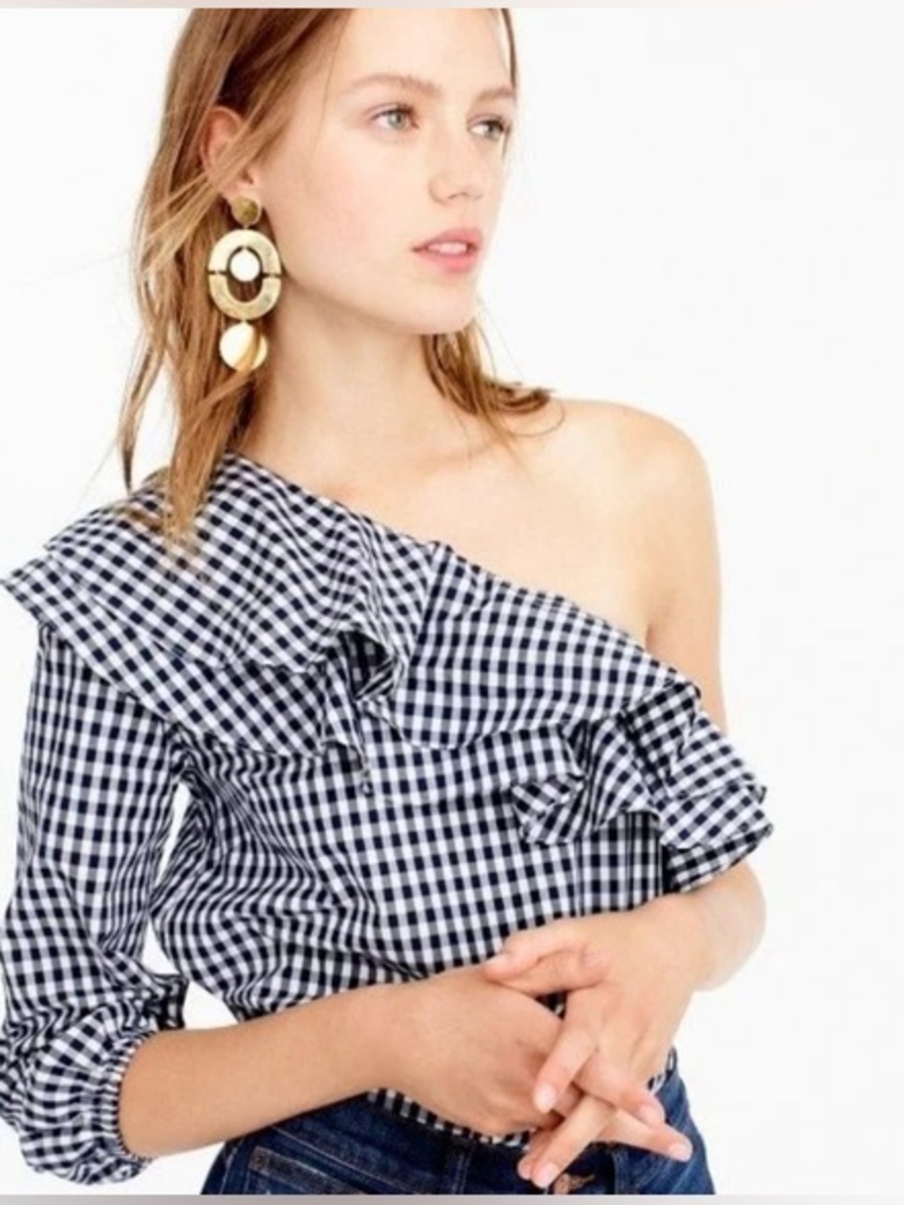 J. Crew Navy and White Gingham One-Shoulder Ruffle Top